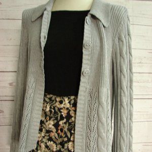 Lt Gray Cable Knit Flare Sleeve Cardigan Sweater L